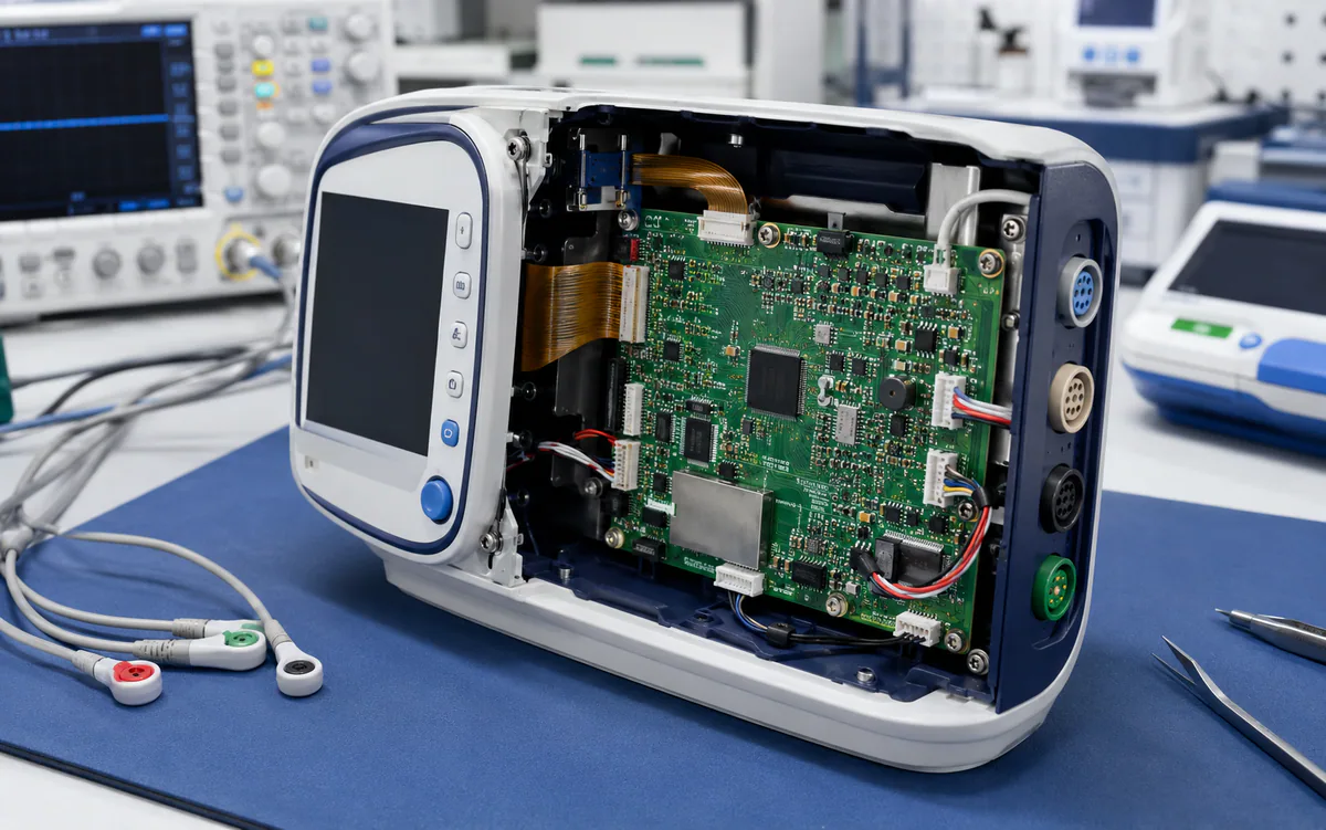 Portable patient monitor opened to show its internal PCBA